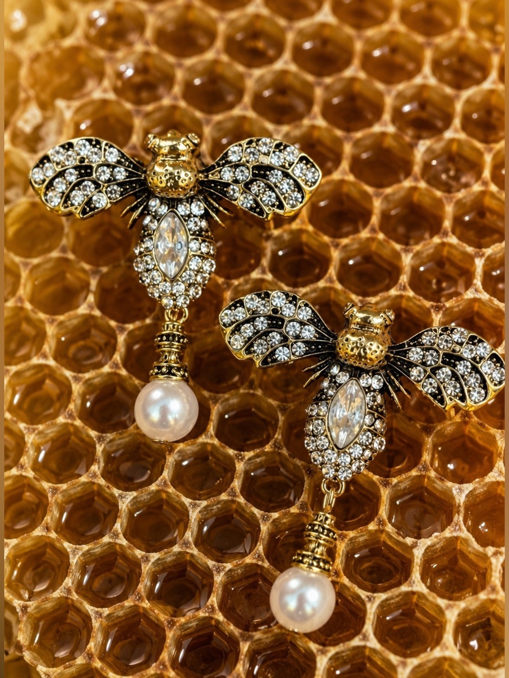 Gold Crystal Bee Drop Earrings with Pearl Dangle - Picture 3 of 4